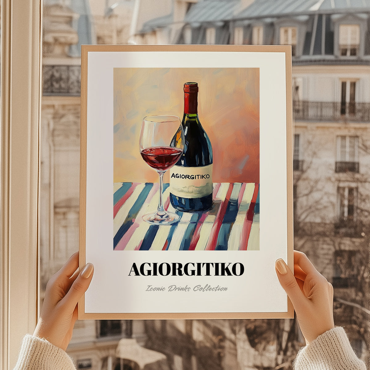 Agiorgitiko – on Striped Tablecloth, Greek Wine Wall Decor, styled in a charming Paris street view