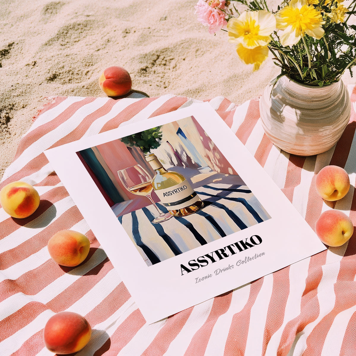 Assyrtiko – Greek Outdoor Café Scene, Greek Wine Still Life, unframed on coastal sand