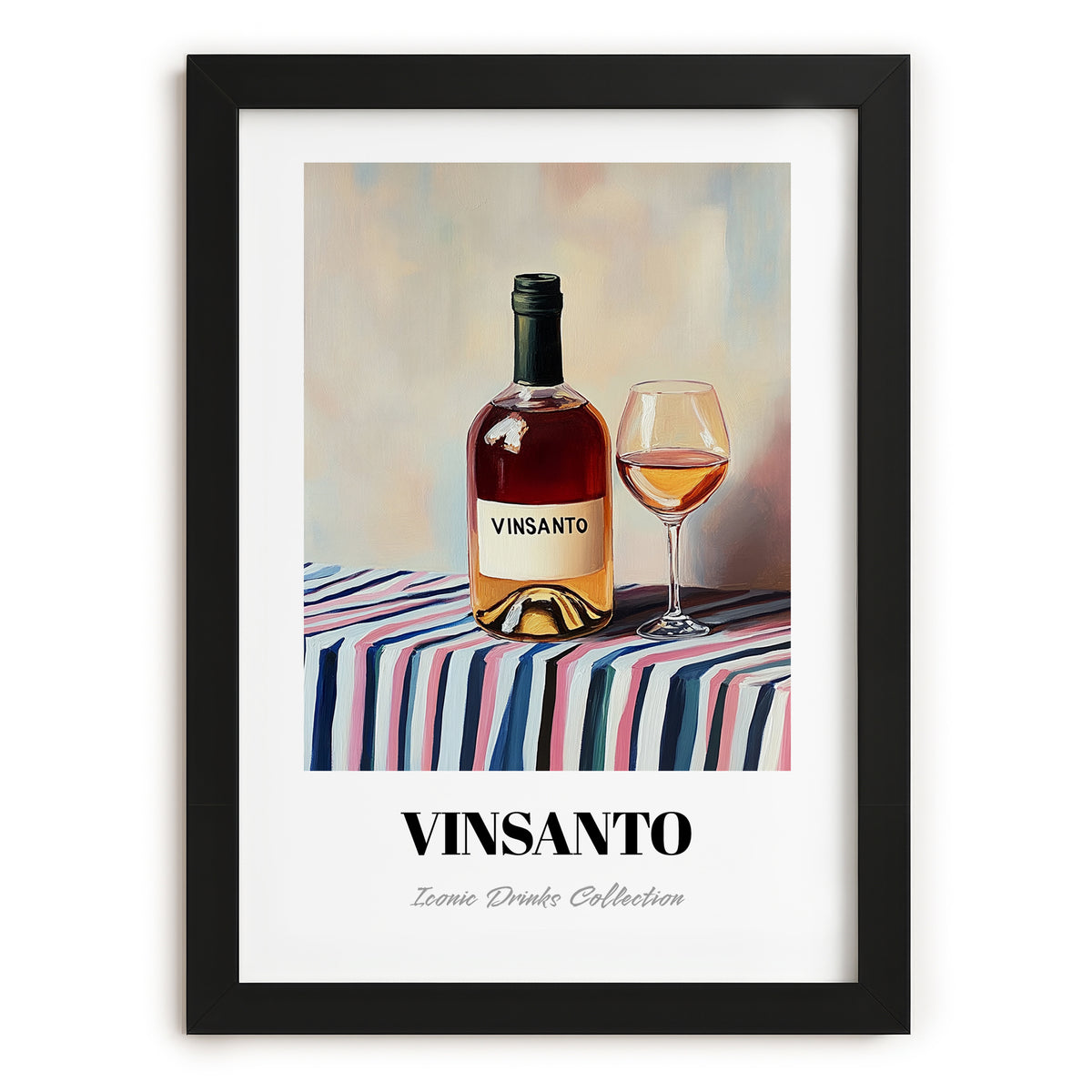 Vinsanto – on Striped Tablecloth, Greek Wine Painting, in sleek black frame