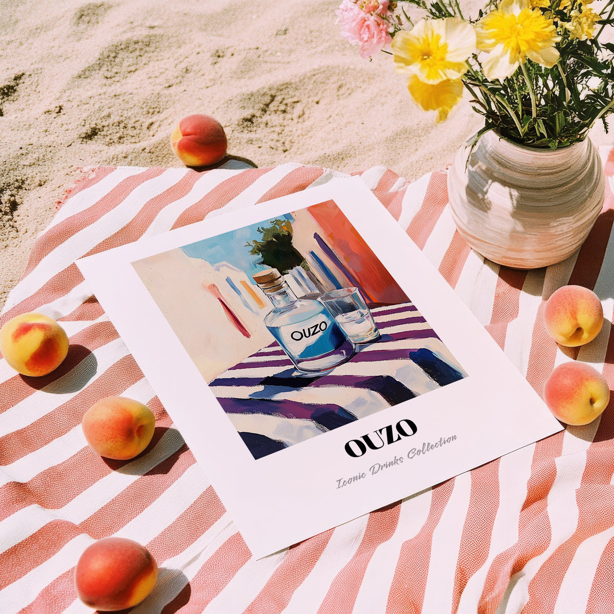 Ouzo – Greek Café on the Corner, Greek Spirit Print, unframed on coastal sand