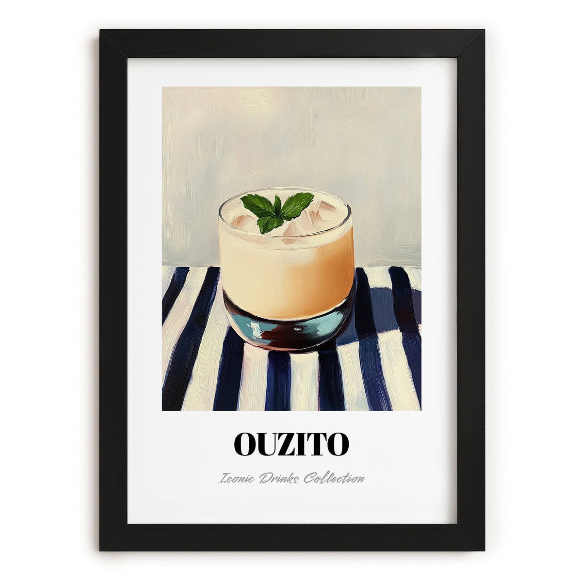 Ouzito – on Striped Tablecloth, Greek Cocktail Wall Decor, in sleek black frame