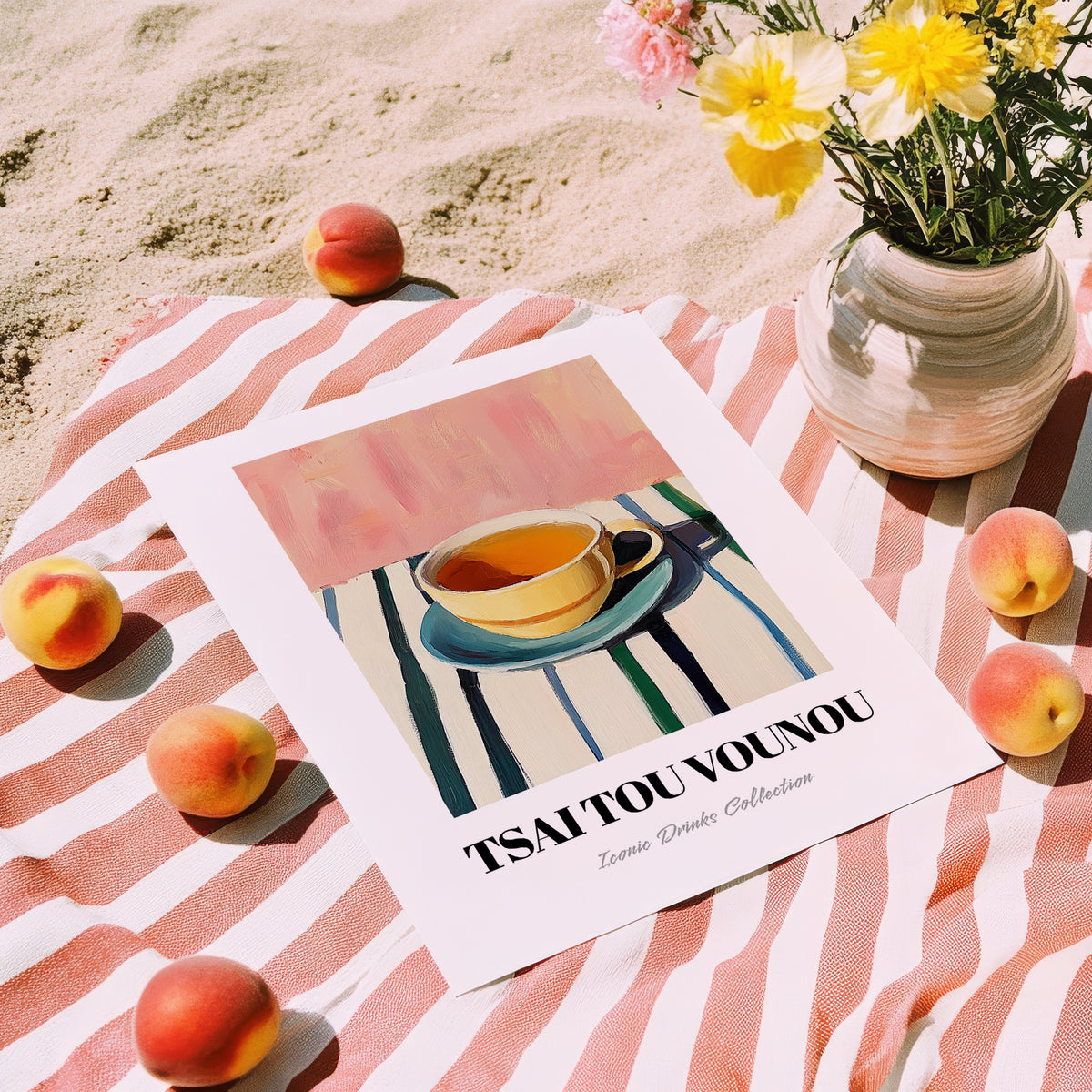 Tsai Tou Vounou Beverage – on Striped Tablecloth, Greek Beverage Still Life, unframed on coastal sand