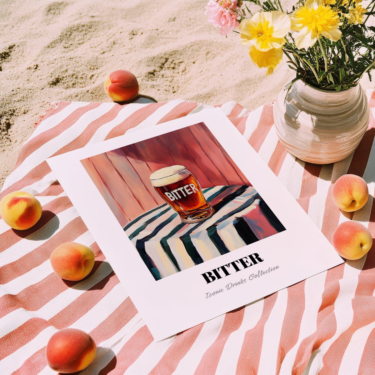 Bitter – on Striped Tablecloth, English Beer Wall Art, unframed on coastal sand