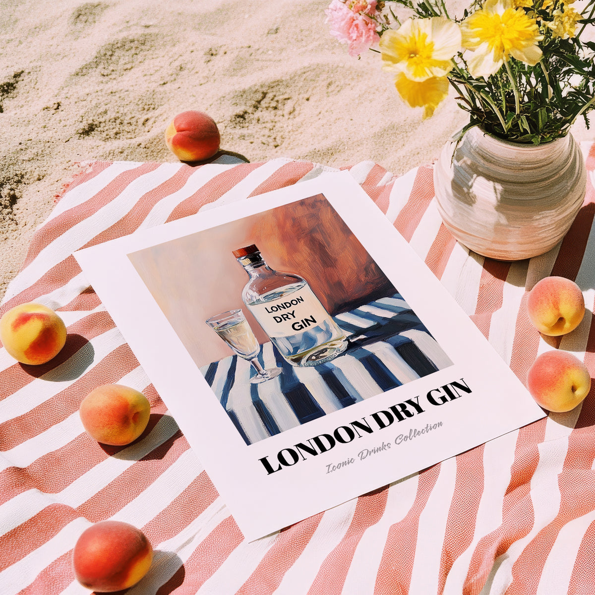 London Dry Gin – on Striped Tablecloth, English Spirit Illustration, unframed on coastal sand