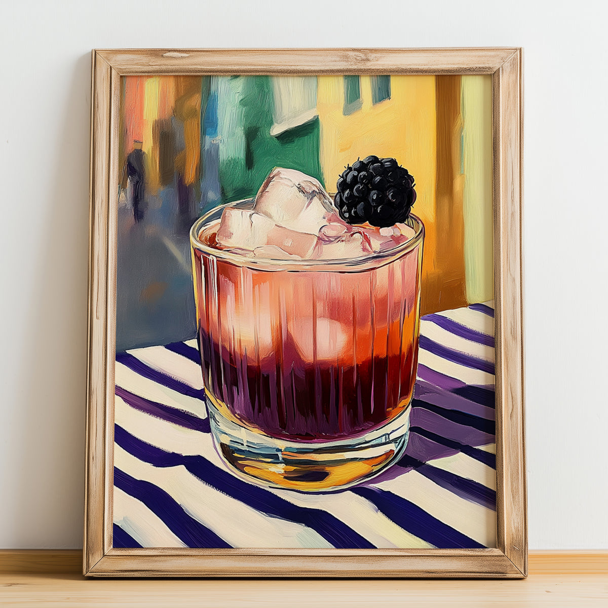 Bramble – English Street Café Scene, English Cocktail Painting, no-text version framed in wood
