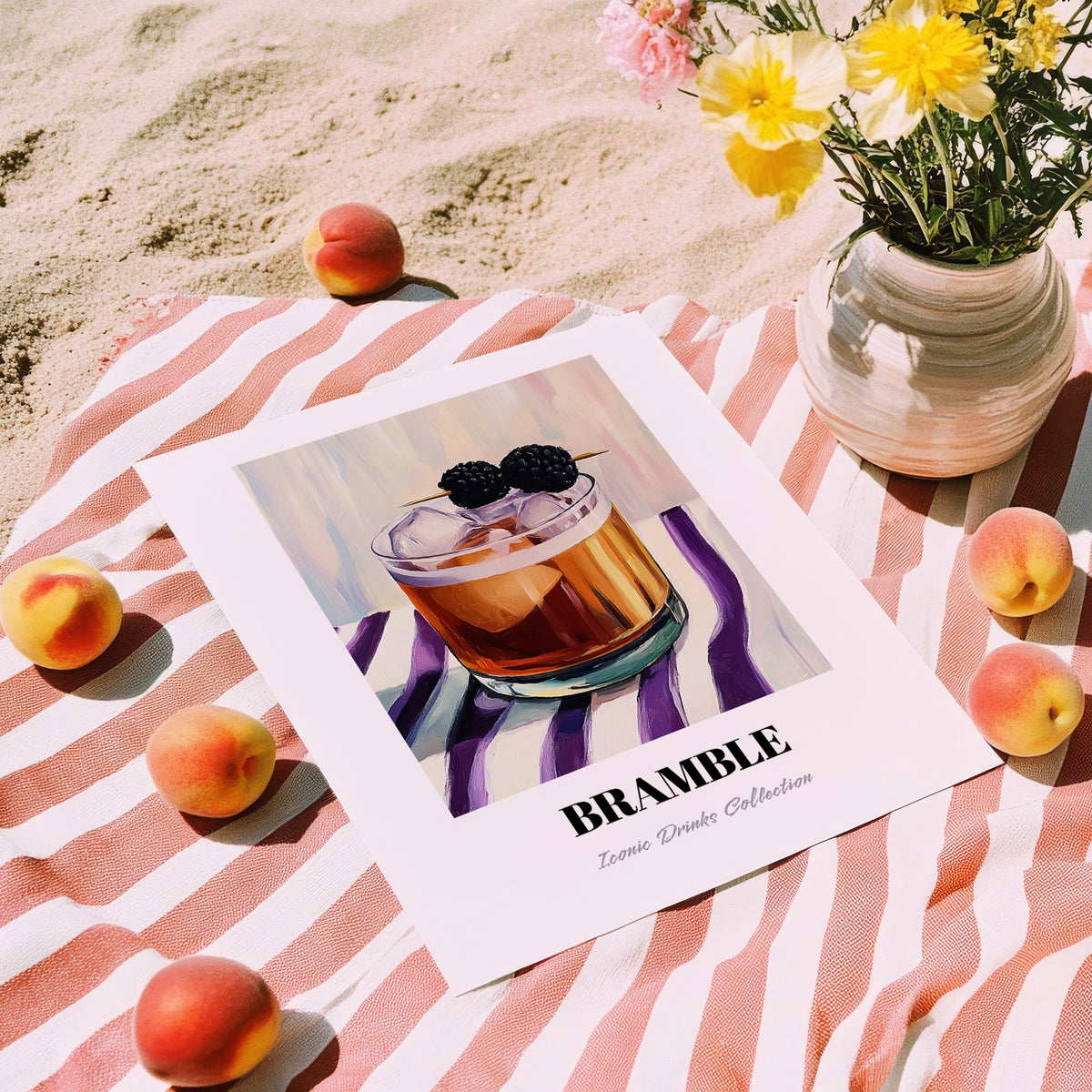 Bramble – on Striped Tablecloth, English Cocktail Wall Decor, unframed on coastal sand