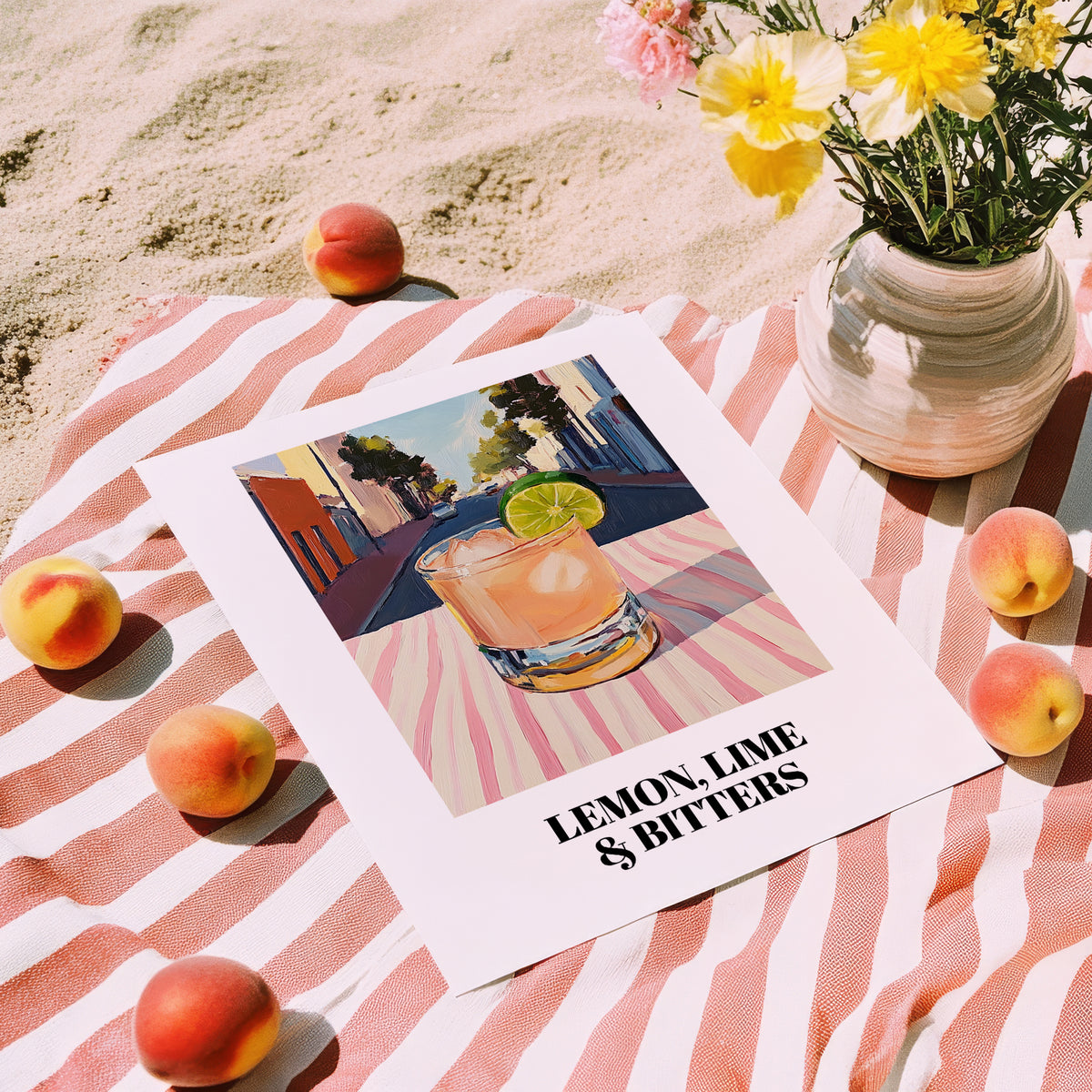 LemonLime & Bitters – Australian Outdoor Café Scene, Australian Beverage Wall Print, unframed on coastal sand