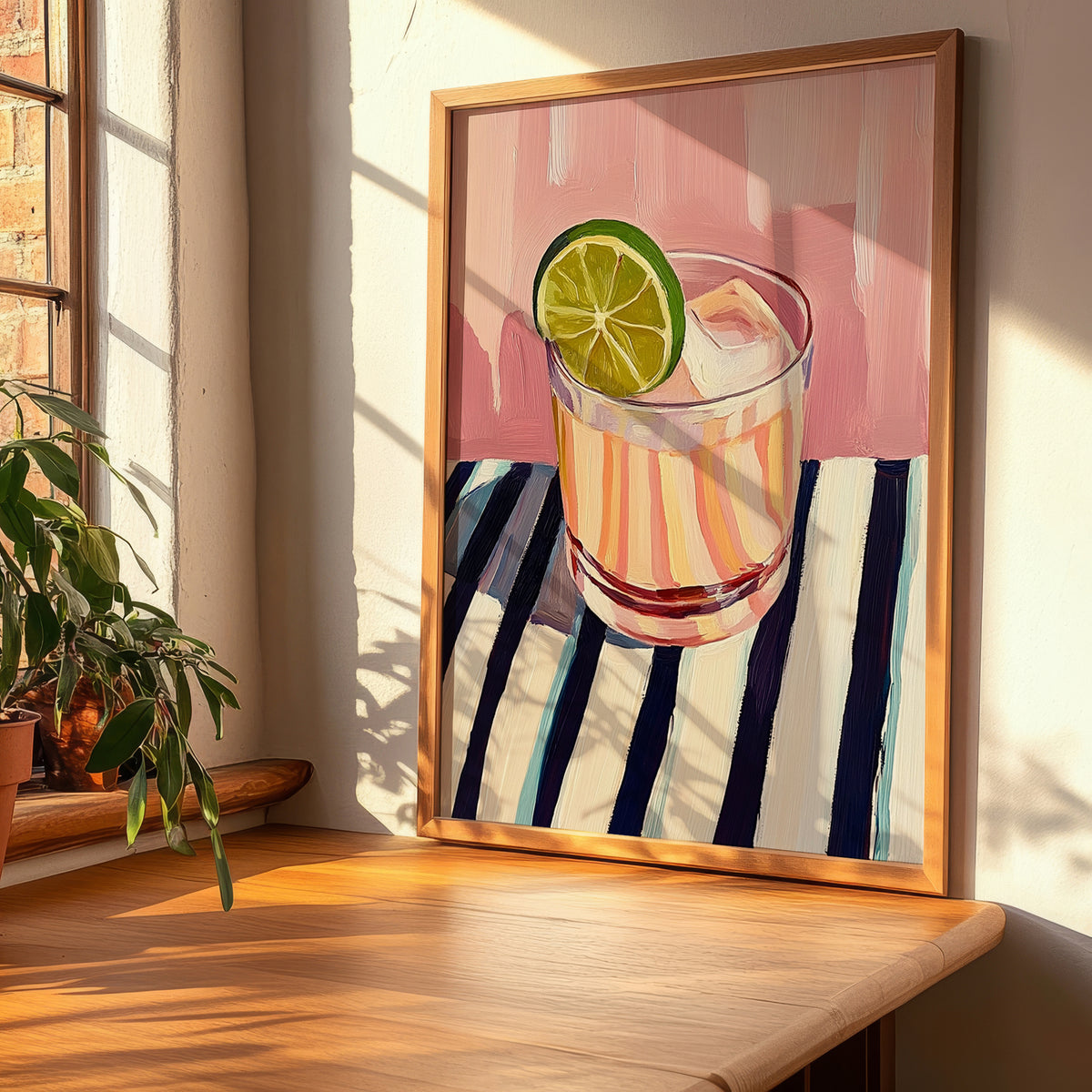 LemonLime & Bitters – on Striped Tablecloth, Australian Beverage Painting, clean layout with no caption