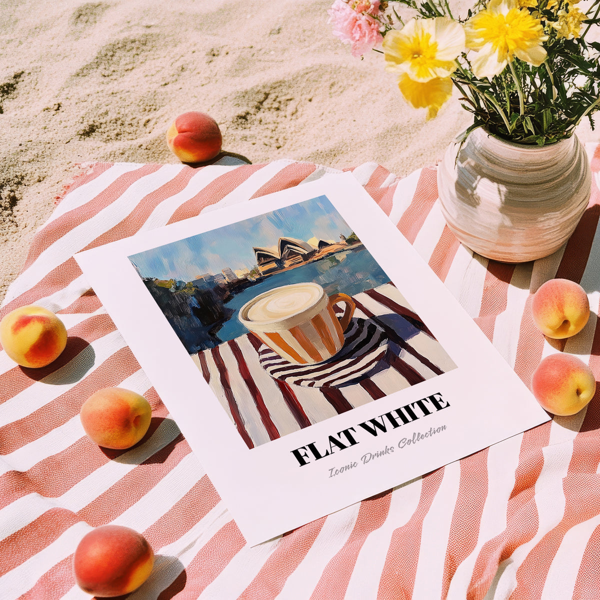 Flat White – Australian Outdoor Café Scene, Australian Beverage Still Life, unframed on coastal sand