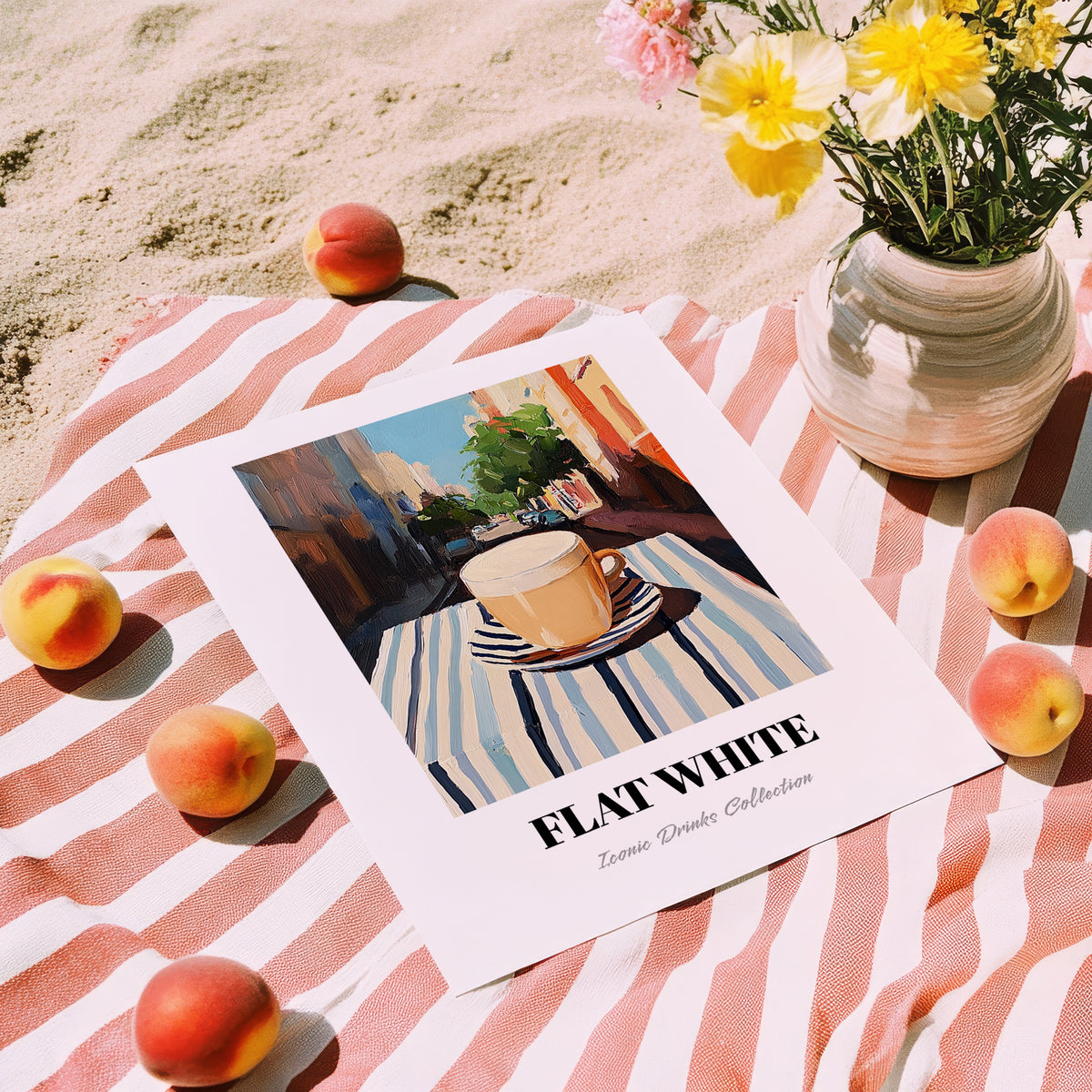 Flat White – Australian Street Café Scene, Australian Coffee Wall Decor, unframed on coastal sand