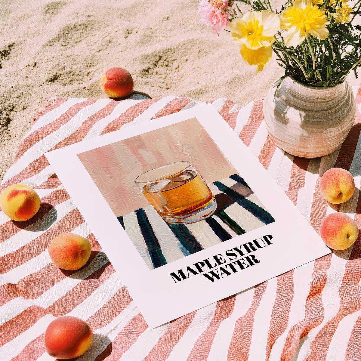 Maple Syrup Water – on Striped Tablecloth, Canadian Beverage Print, unframed on coastal sand