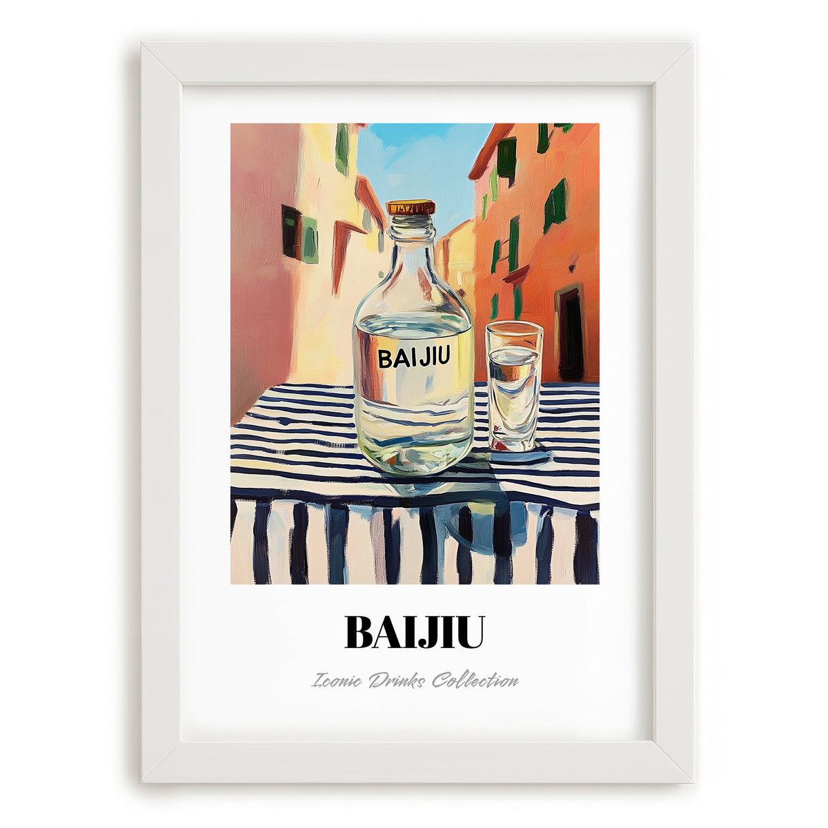 Pu-erh Tea – Chinese Urban Café Scene, Chinese Tea Poster, placed in minimal white frame