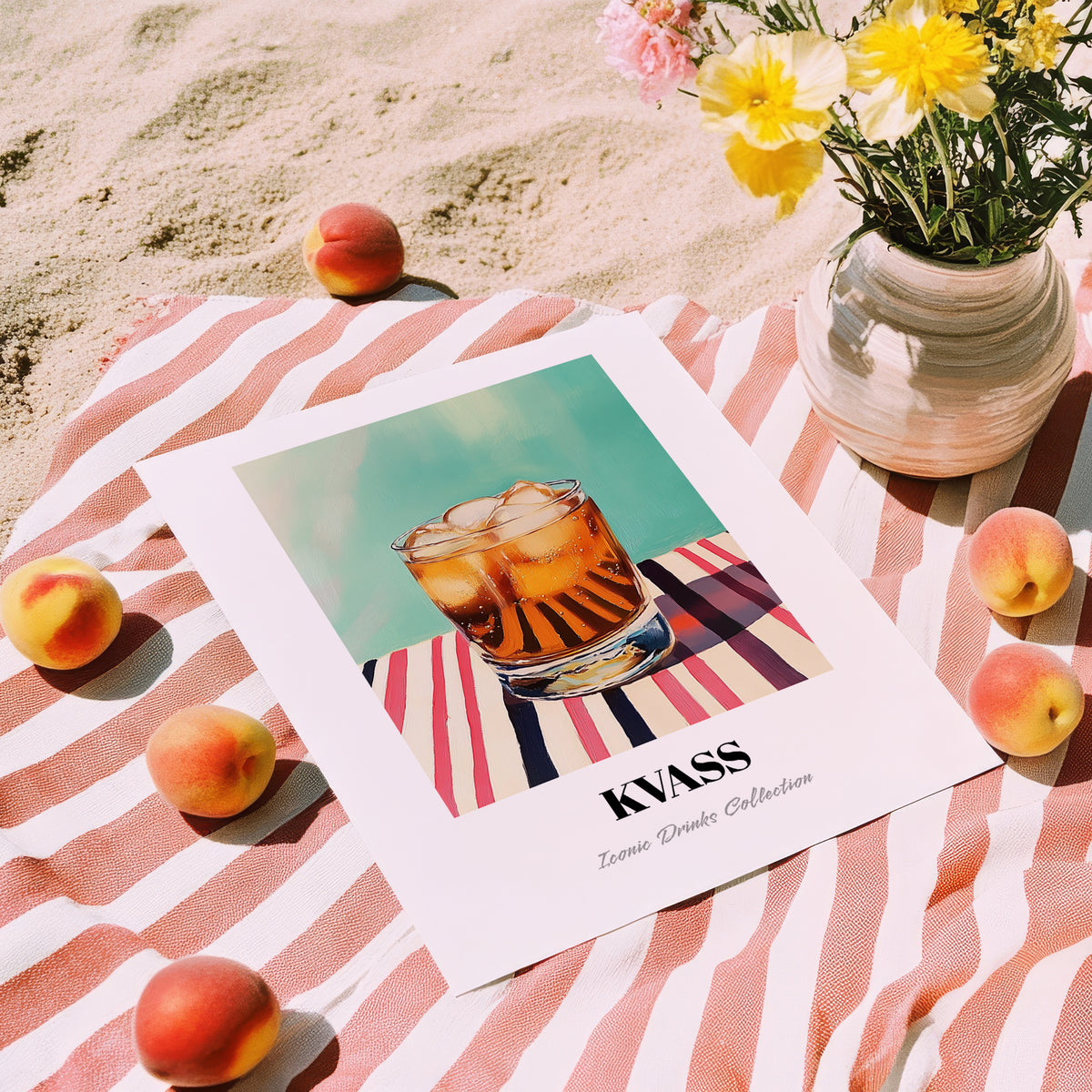 Kvass – on Striped Tablecloth, Polish Beverage Illustration, unframed on coastal sand
