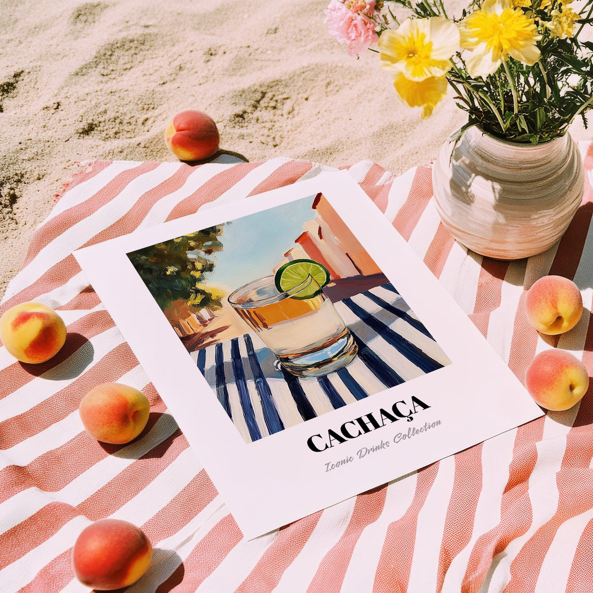 Cachaça – Brazilian Café on the Corner, Brazilian Spirit Print, unframed on coastal sand