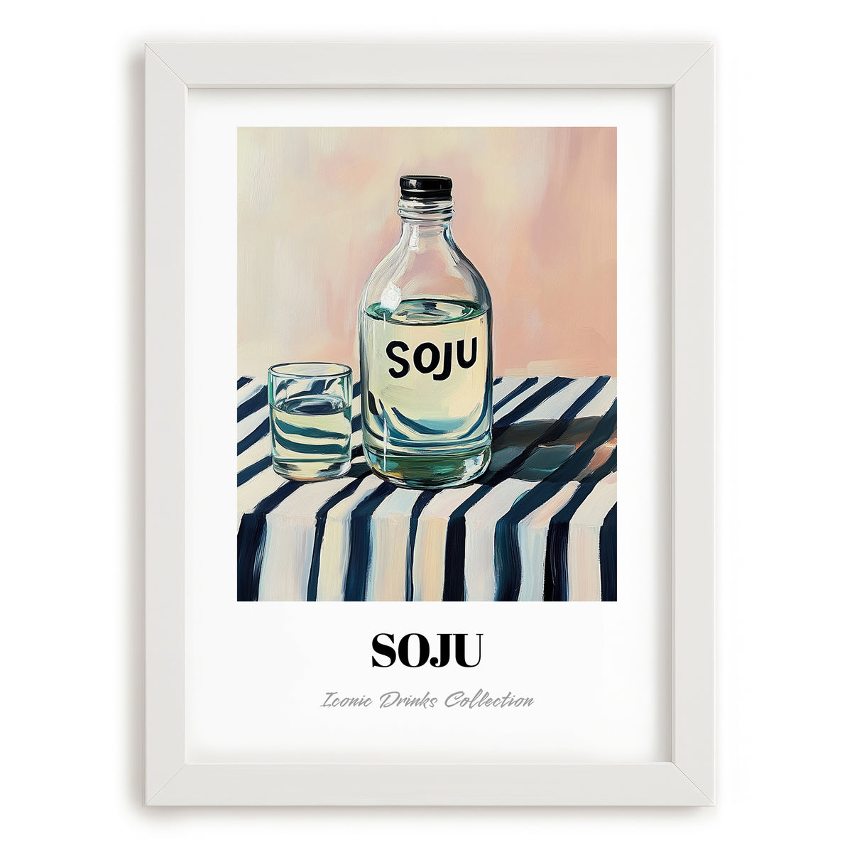 Soju – on Striped Tablecloth, Korean Spirit Painting, placed in minimal white frame