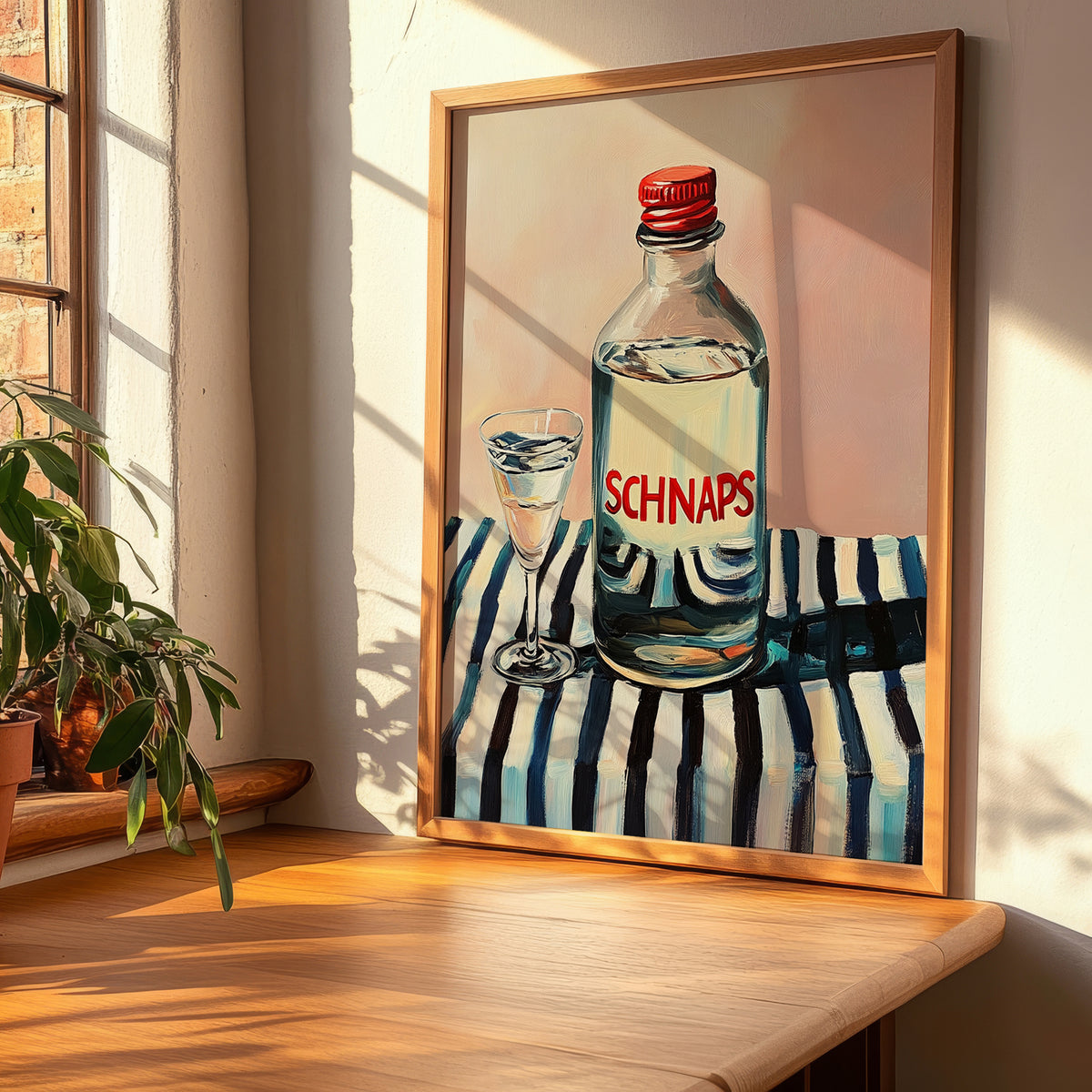 Schnaps – on Striped Tablecloth, Austrian Beer Still Life, clean layout with no caption