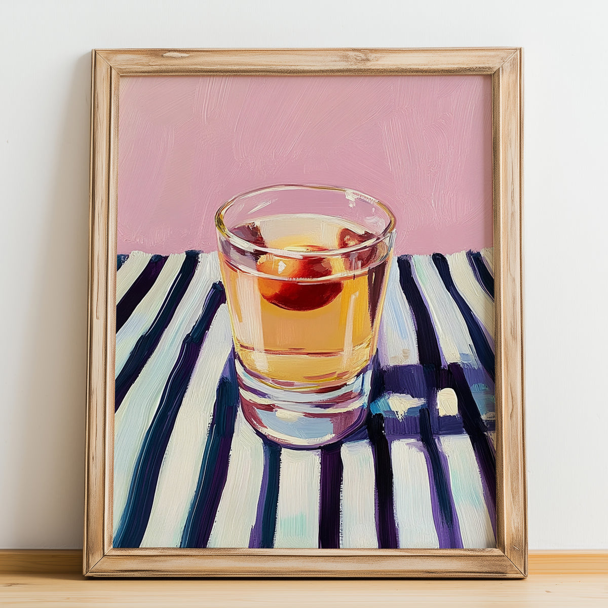 Pálinka – on Striped Tablecloth, Hungarian Wine Painting, no-text version framed in wood