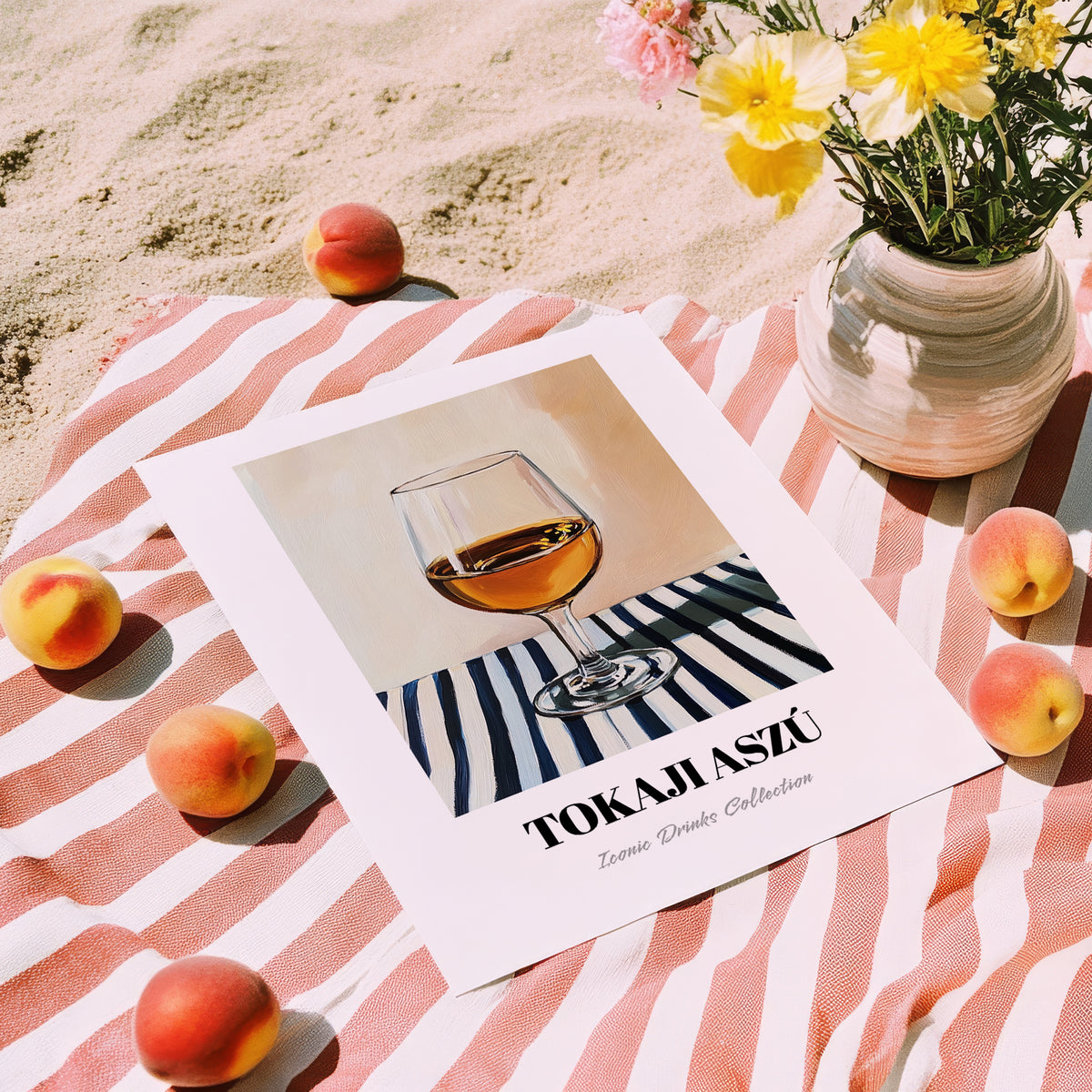 Tokaji Aszú – on Striped Tablecloth, Hungarian Spirit Illustration, unframed on coastal sand