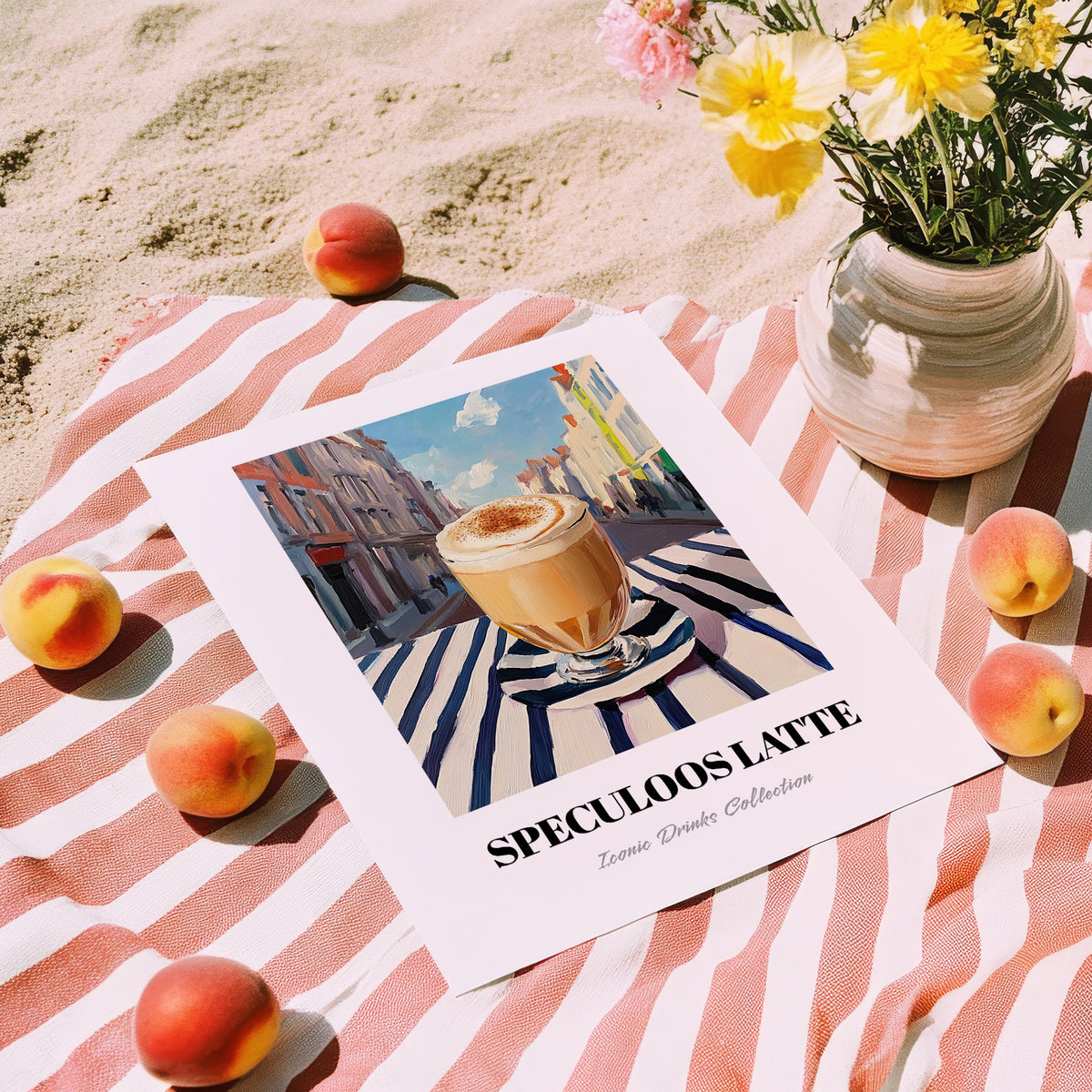 Speculoos Latte – Belgian Urban Café Scene, Belgian Coffee Still Life, unframed on coastal sand
