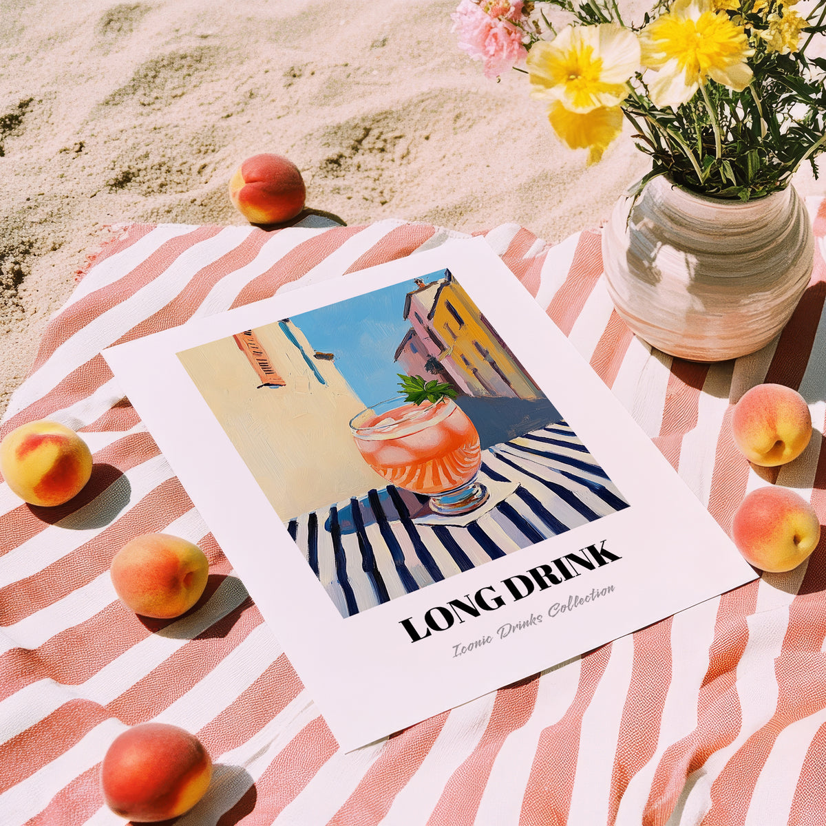 Long Drink – Finnish Urban Café Scene, Finnish Beverage Illustration, unframed on coastal sand