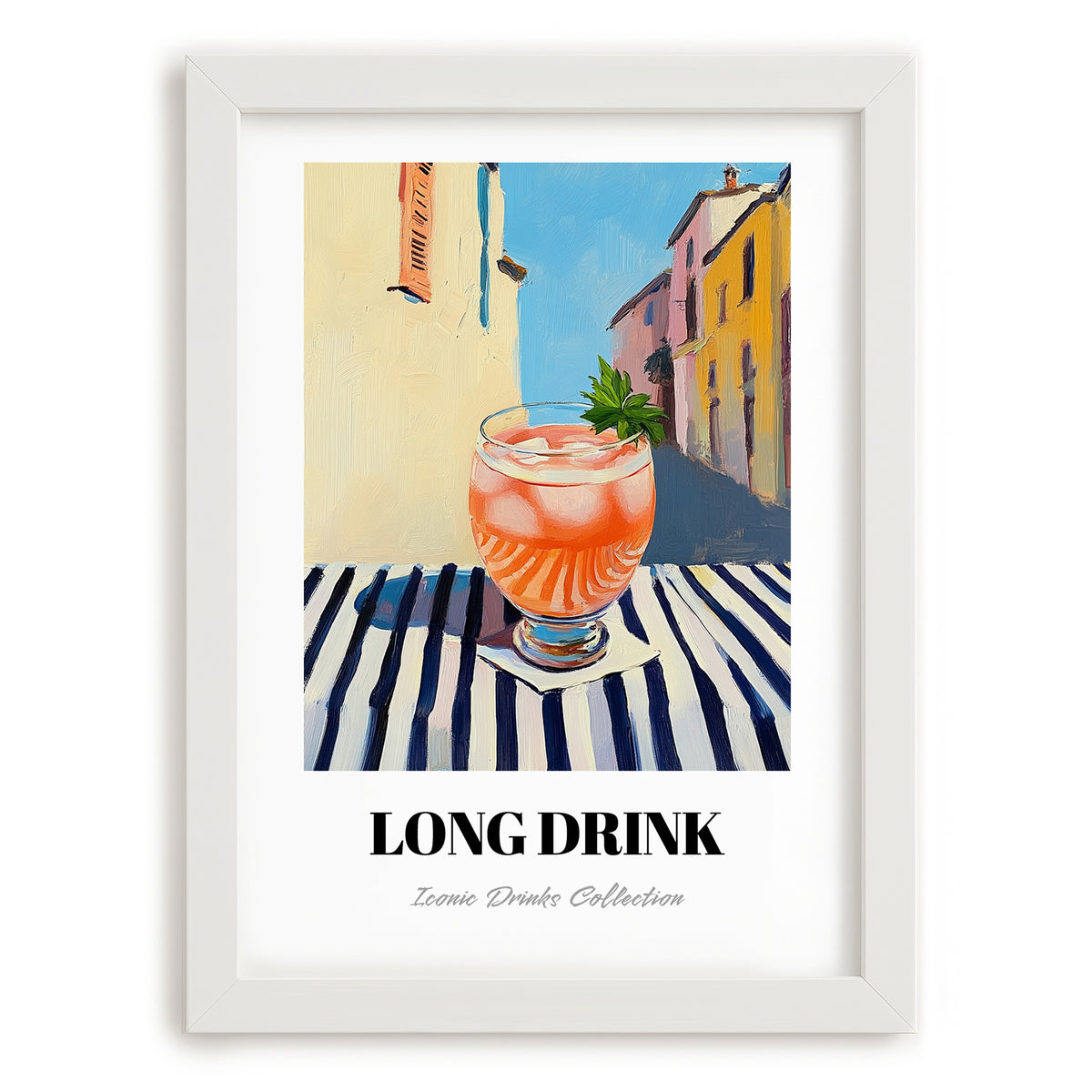 Long Drink – Finnish Urban Café Scene, Finnish Beverage Illustration, placed in minimal white frame