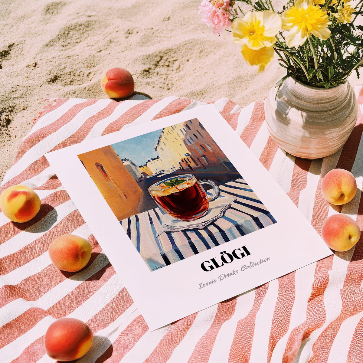 Glögi – Finnish Outdoor Café Scene, Finnish Wine Poster, unframed on coastal sand