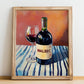 Malbec – on Striped Tablecloth, Argentinian Wine Still Life, no-text version framed in wood