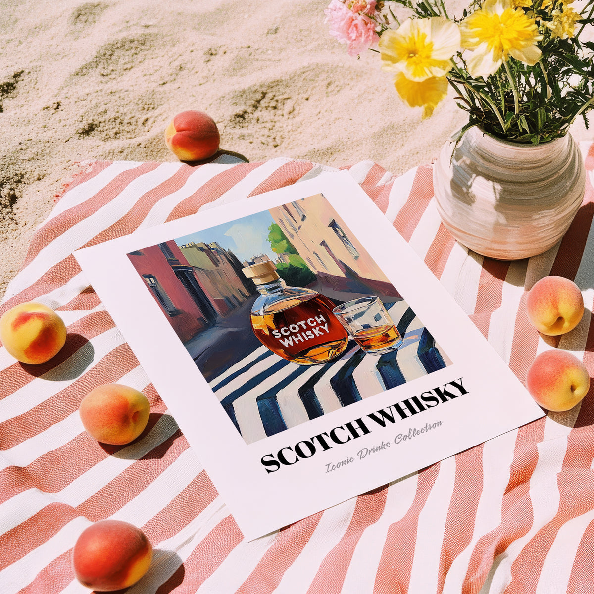Scotch Whisky – Scottish Urban Café Scene, Scottish Whiskey Illustration, unframed on coastal sand