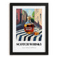 Scotch Whisky – Scottish Urban Café Scene, Scottish Whiskey Illustration, in sleek black frame