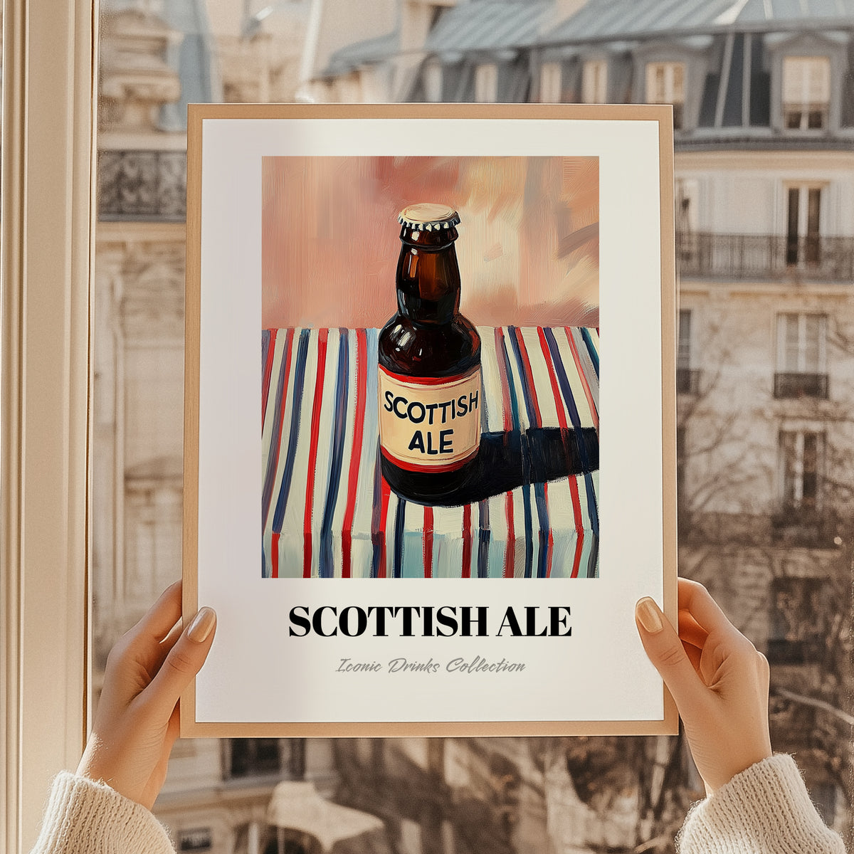 Scottish Ale – on Striped Tablecloth, Scottish Beer Illustration, styled in a charming Paris street view