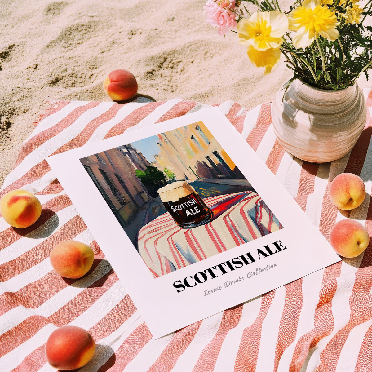 Scottish Ale – Scottish Street Café Scene, Scottish Whiskey Still Life, unframed on coastal sand