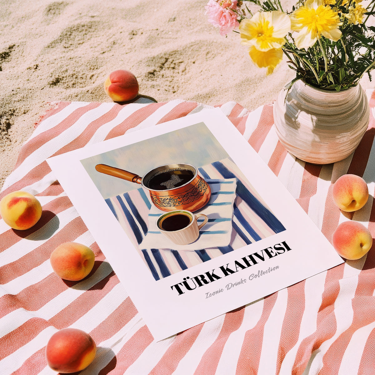 Türk Kahvesi – on Striped Tablecloth, Turkish Coffee Still Life, unframed on coastal sand