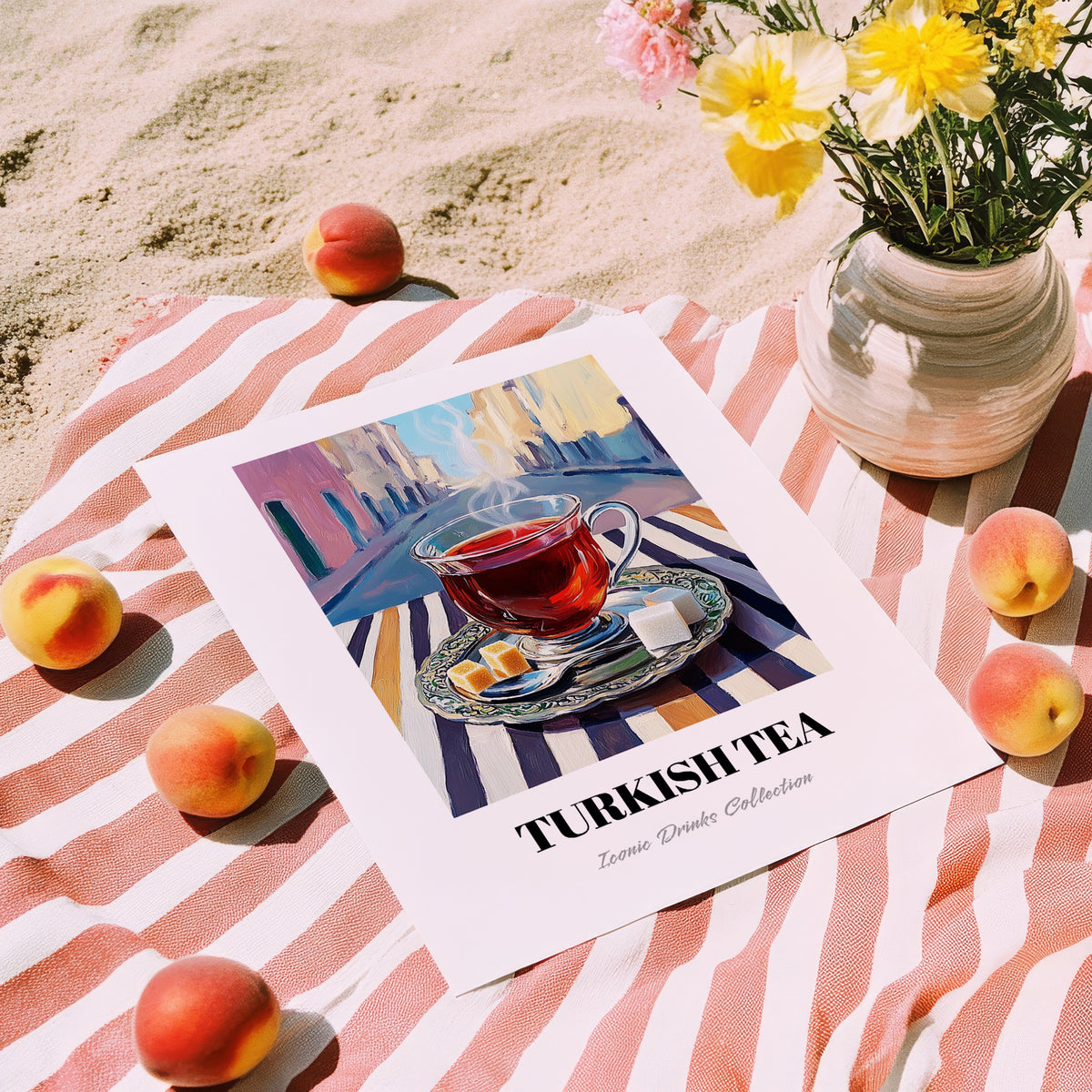 Turkish Tea – Türk Urban Café Scene, Türk Çayı Illustration, unframed on coastal sand