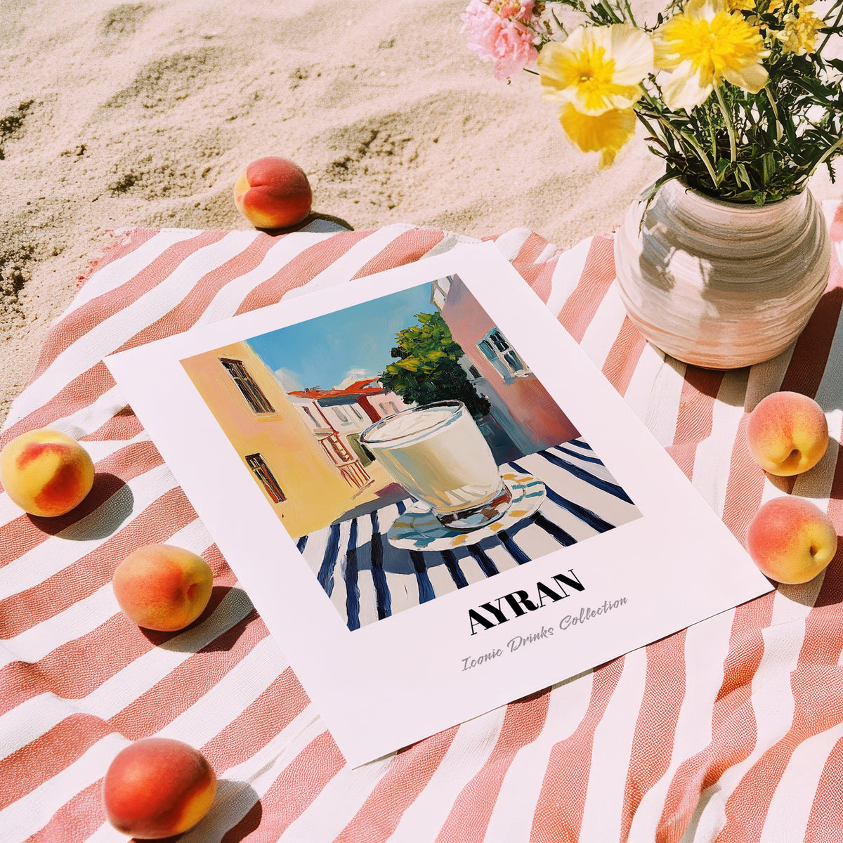 Ayran – Turkish Street Café Scene, Turkish Beverage Poster, unframed on coastal sand