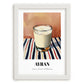 Ayran – on Striped Tablecloth, Turkish Beverage Wall Decor, placed in minimal white frame