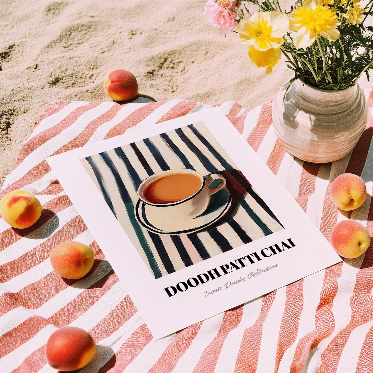 Doodh Patti Chai – on Striped Tablecloth, Pakistani Tea Painting, unframed on coastal sand