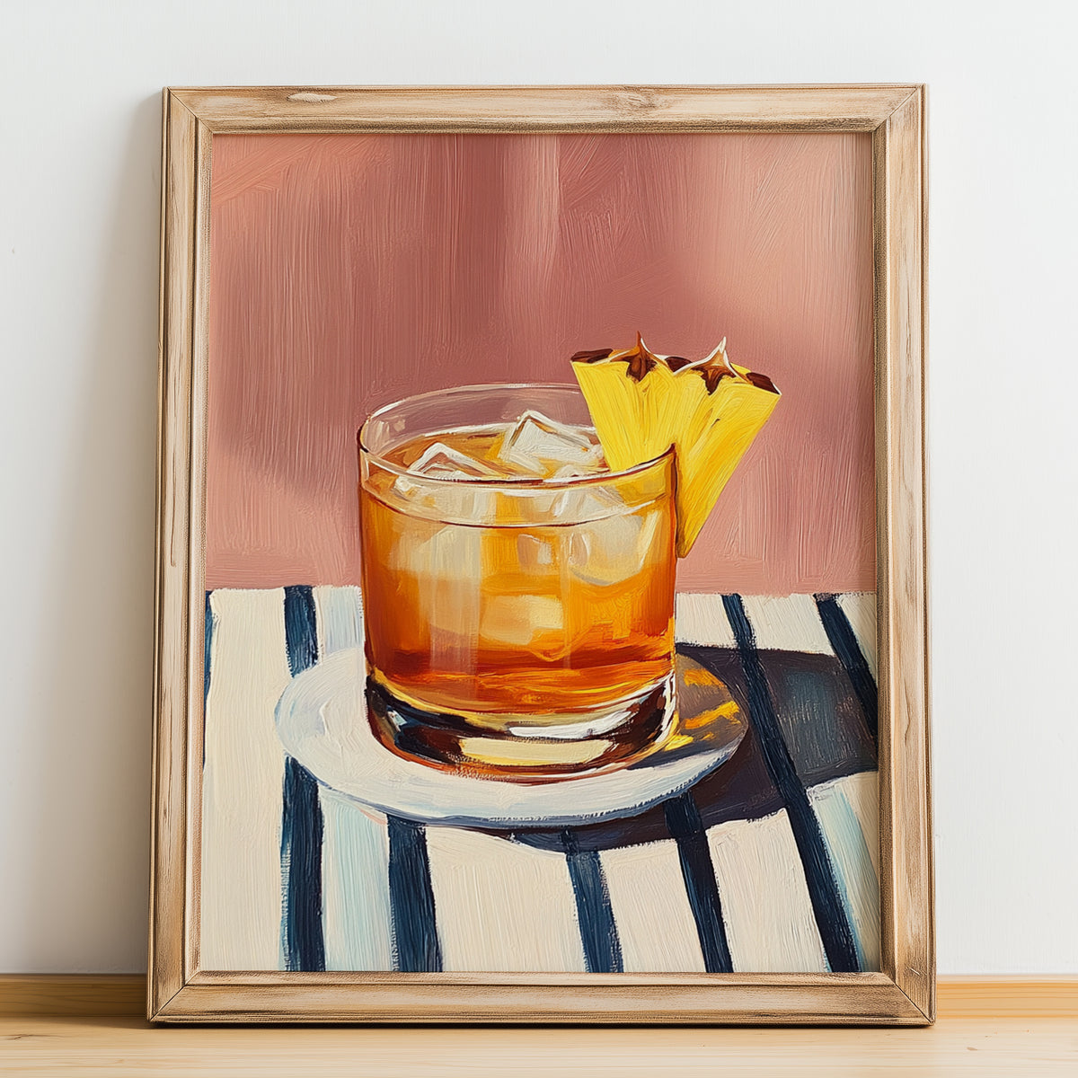 Mezcal – on Striped Tablecloth, Mexican Spirit Wall Poster, no-text version framed in wood