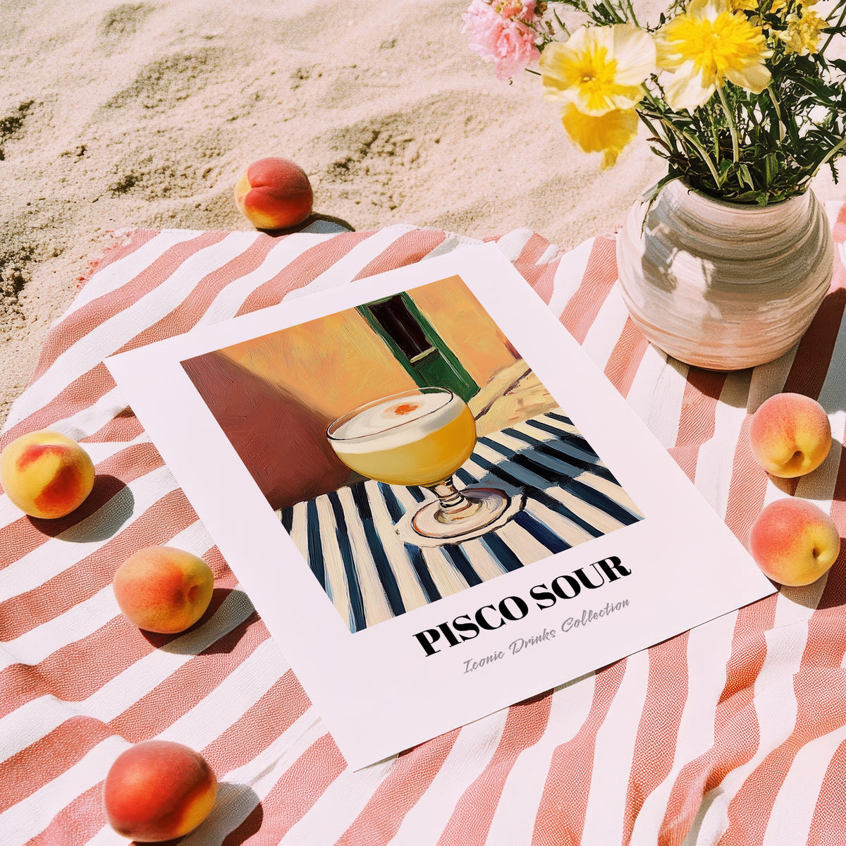 Pisco Sour – on Striped Tablecloth, Peruvian Cocktail Painting, unframed on coastal sand