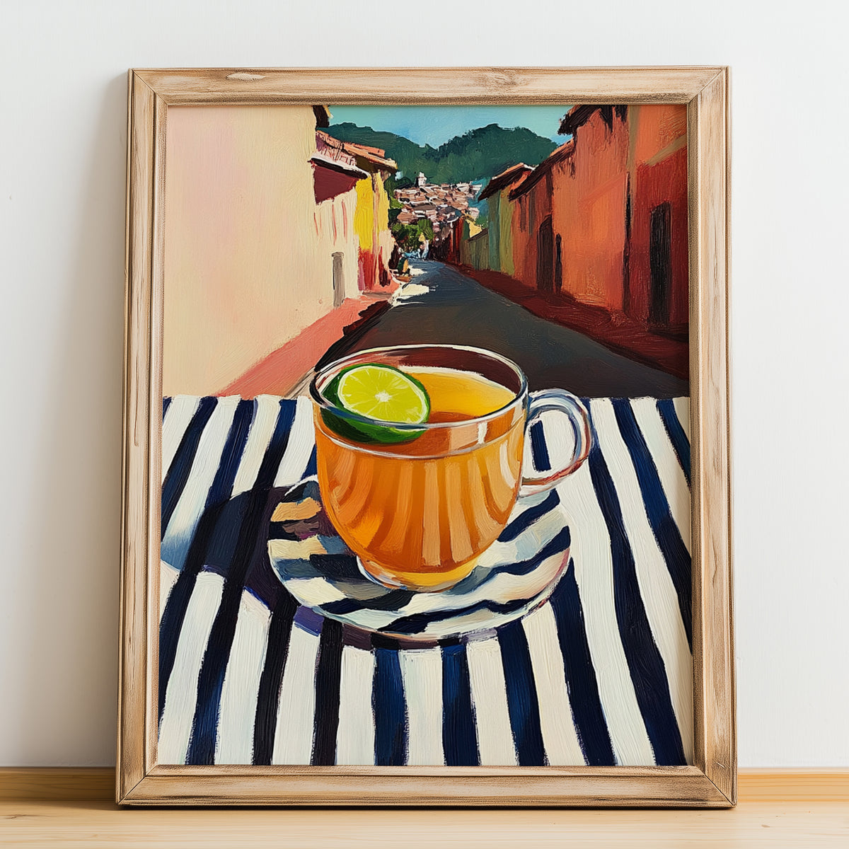 Aguapanela – Colombian Street Café Scene, Colombian Coffee Painting, no-text version framed in wood