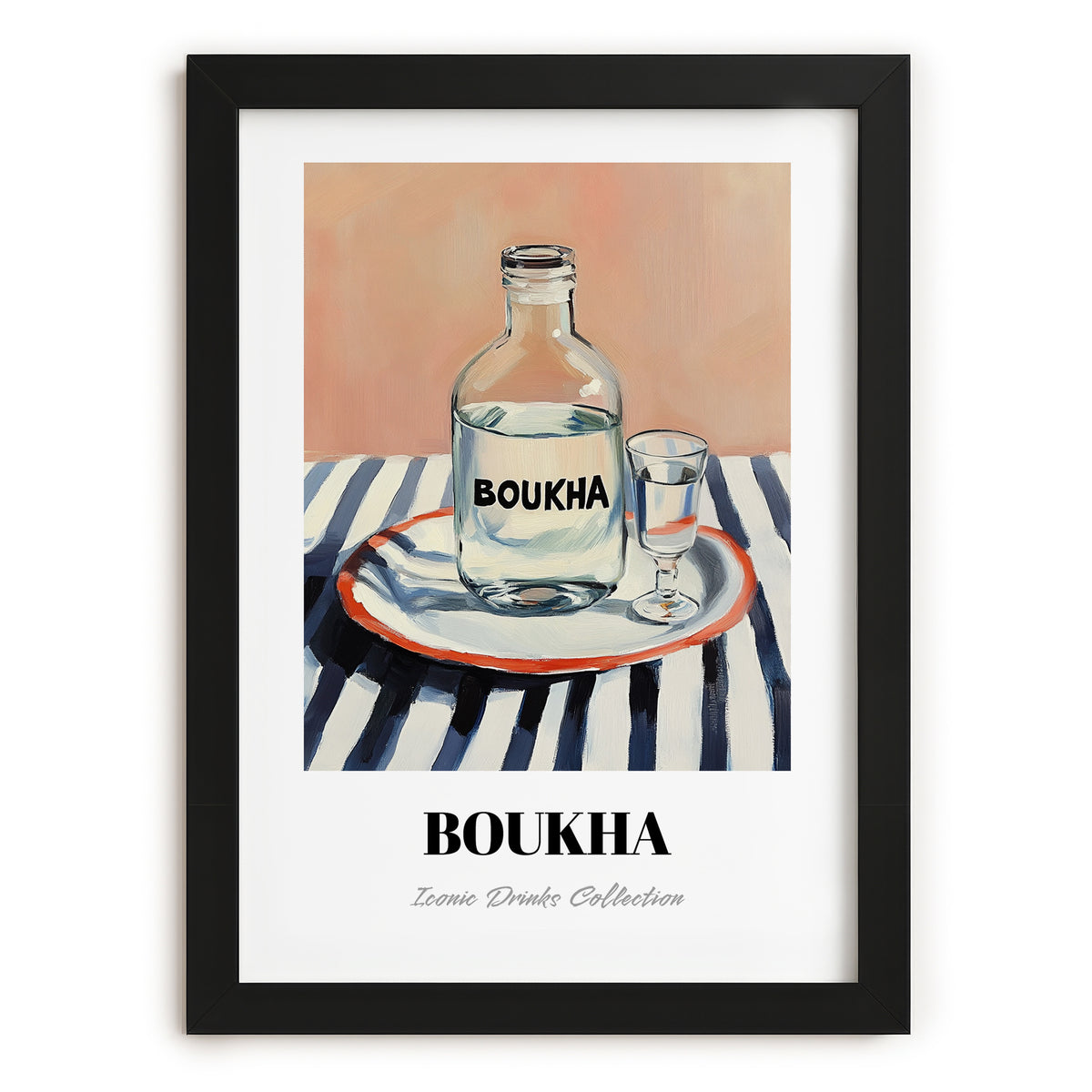 Boukha – on Striped Tablecloth, Tunisian Wine Still Life, in sleek black frame