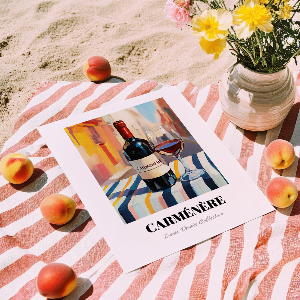 Carménère – Chilean Outdoor Café Scene, Chilean Wine Wall Art, unframed on coastal sand
