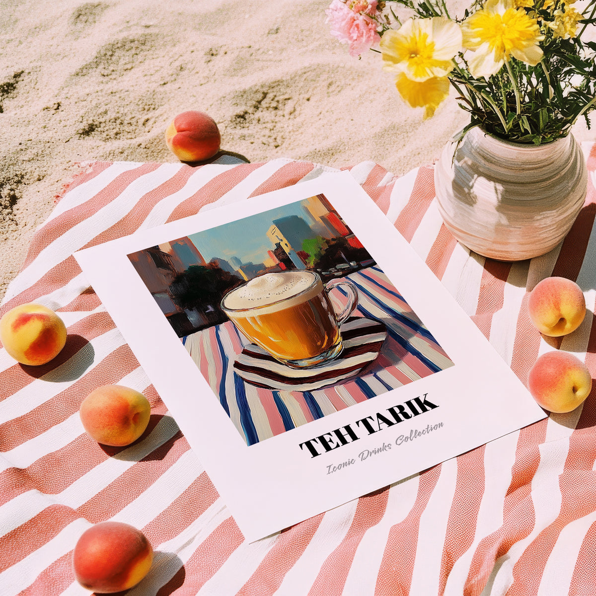 Teh Tarik – Malaysian Street Café Scene, Malaysian Tea Wall Decor, unframed on coastal sand