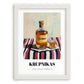 Krupnikas – on Striped Tablecloth, Lithuanian Beverage Painting, placed in minimal white frame