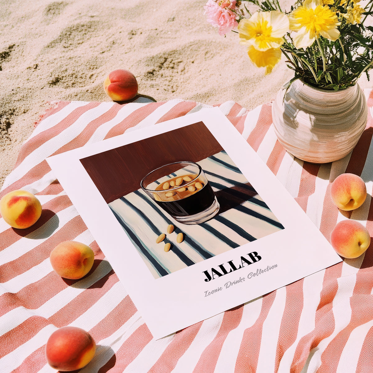Jallab – on Striped Tablecloth, Syrian Coffee Wall Art, unframed on coastal sand