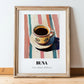 Buna – on Striped Tablecloth, Ethiopian Coffee Painting, in wooden frame leaning on the floor