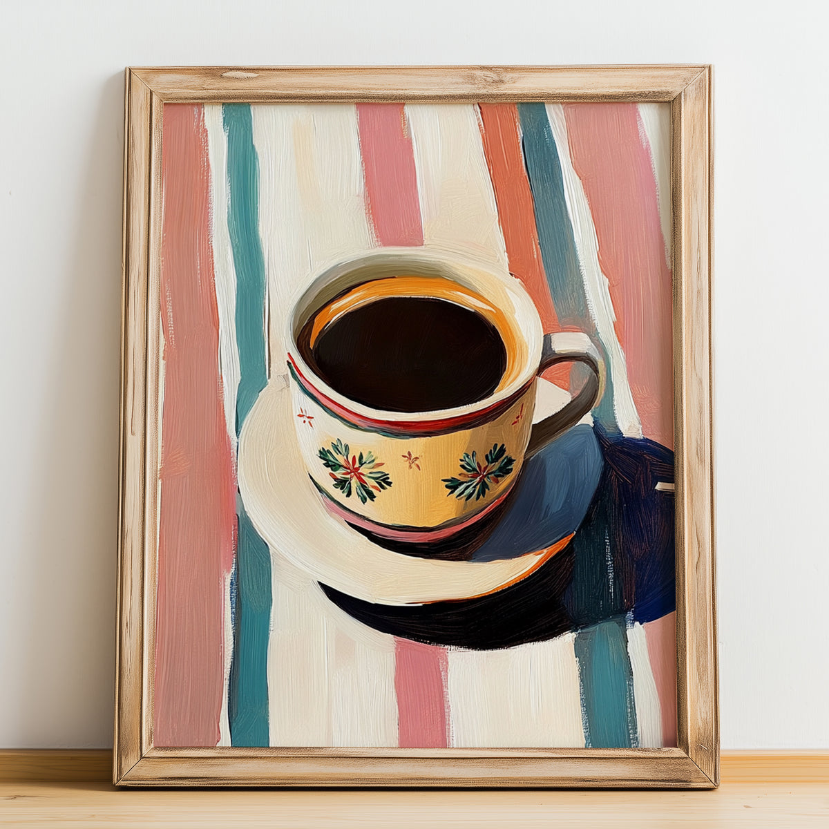 Buna – on Striped Tablecloth, Ethiopian Coffee Painting, no-text version framed in wood