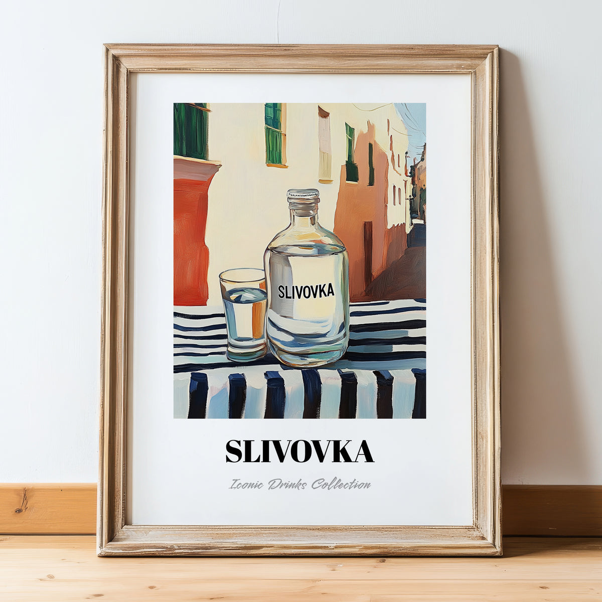 Slivovka – Slovenian Street Café Scene, Slovenian Spirit Still Life, in wooden frame leaning on the floor