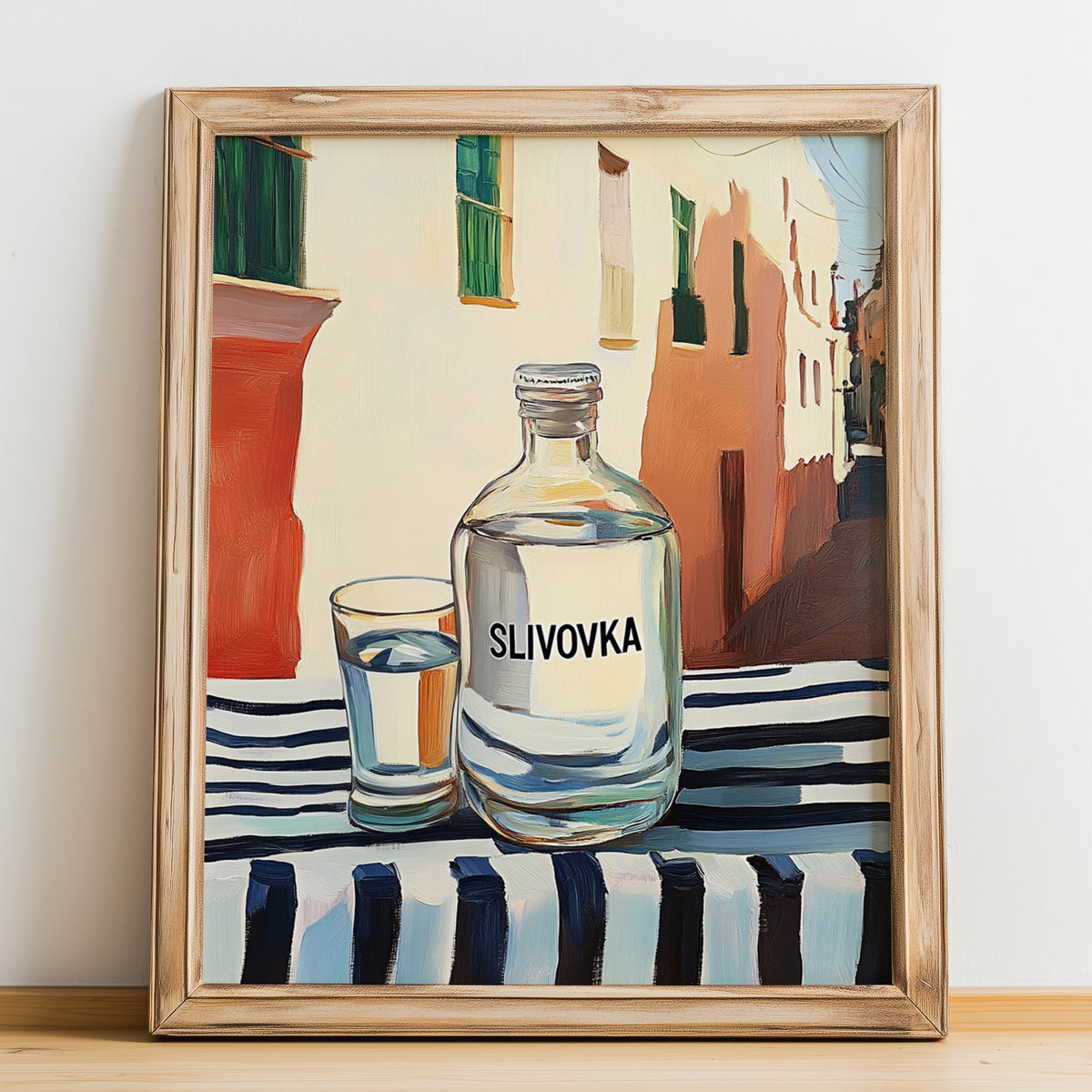 Slivovka – Slovenian Street Café Scene, Slovenian Spirit Still Life, no-text version framed in wood