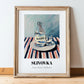 Slivovka – on Striped Tablecloth, Slovenian Beverage Poster, in wooden frame leaning on the floor