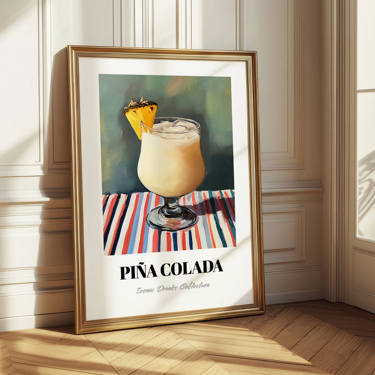 Piña Colada – on Striped Tablecloth, Puerto Rican Cocktail Wall Painting